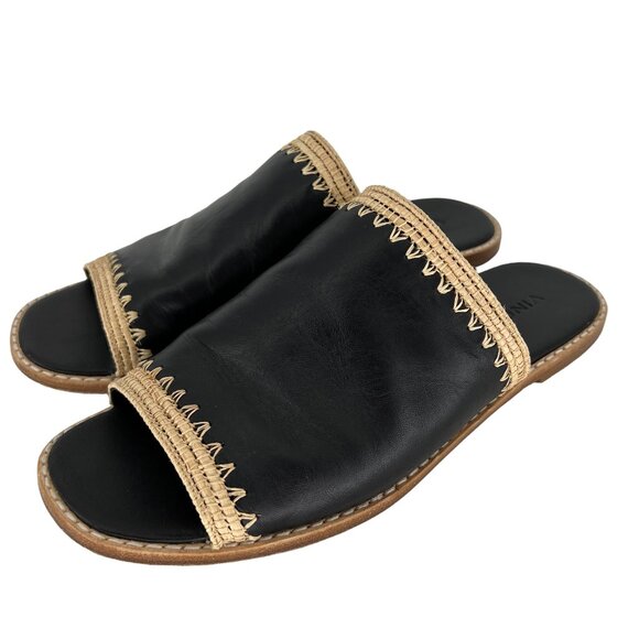 Vince Padmore Slide Sandals Size 7 Leather Woven Raffia Black Slip‎ On Open Toe - Picture 1 of 9
